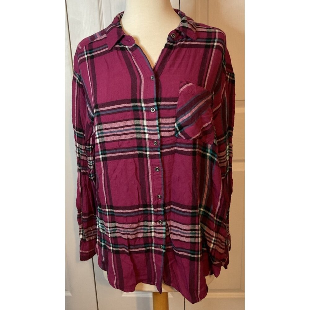Jane & Delancey Plaid Button Down Shirt Top Soft Burgundy Blue Large